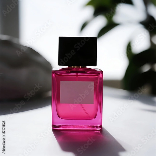 Fototapeta Minimal Neon Pink Perfume Bottle on White Table with Clean Aesthetic