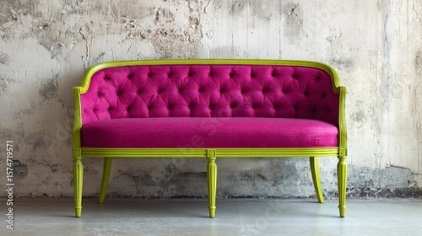 Fototapeta Bold fuchsia pillow on lime green bench, wide wall behind