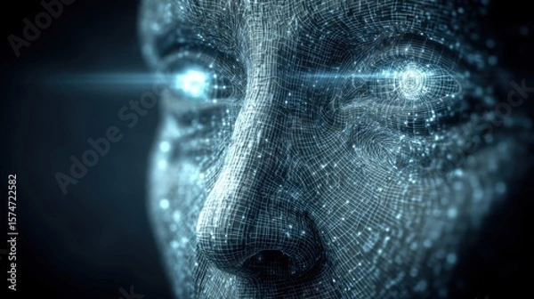 Fototapeta Digital futuristic human face made of light grid and data points