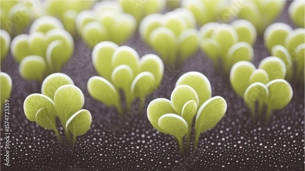 Fototapeta Fresh green seedlings sprouting from dark soil with water droplets