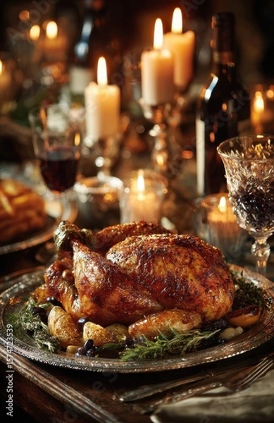 Fototapeta Roasted chicken with potatoes and herbs on festive table setting