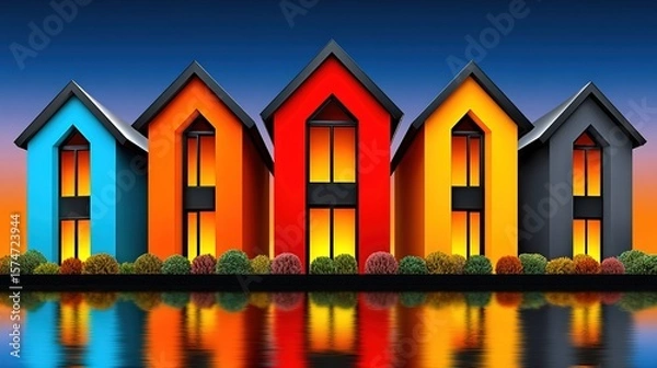 Fototapeta Colorful House Row Reflection on Water Property Investment Concept