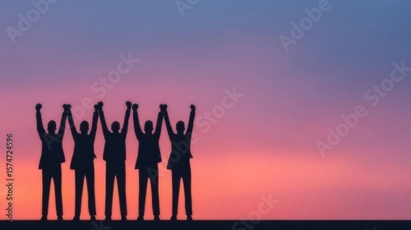 Obraz Silhouetted group of five people stand side by side, holding hands raised against a vibrant sunset sky.