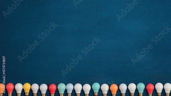 Obraz Colorful light bulbs arranged in a row at the bottom of a blue textured background.