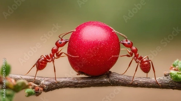 Obraz Two red ants collaborate to carry a large red berry across a thin branch in a natural setting.