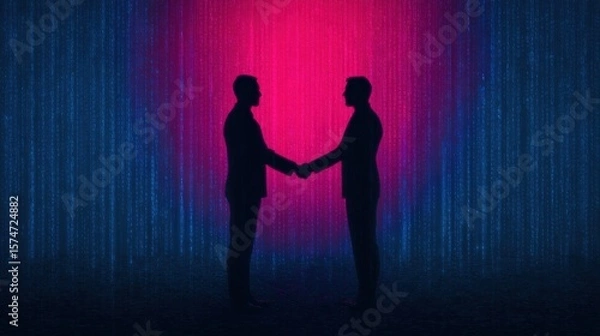 Obraz Two silhouetted figures shake hands against a vibrant background of pink and blue digital rain.