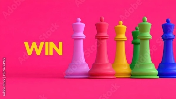 Obraz Colorful chess pieces lined up on a pink background with the word "WIN" in bold yellow text.