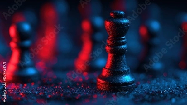 Obraz A black king chess piece stands prominently on a textured surface with red and blue lighting highlighting the scene.