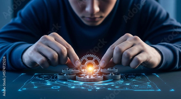 Fototapeta Photo of a mans hands meticulously connect glowing gears on a digital blueprint, symbolizing precision engineering and technological innovation