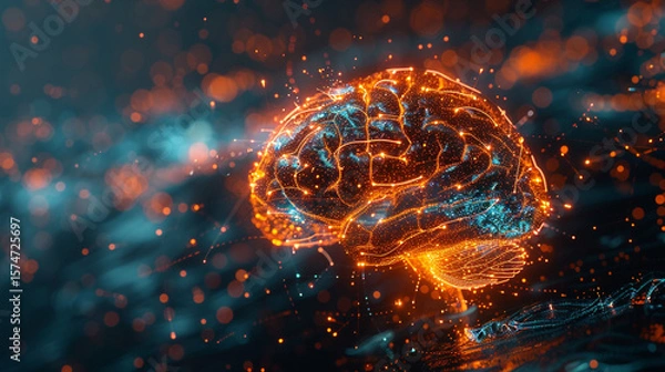 Obraz Creative knowledge concept with glowing brain, flowing data, and abstract learning visuals.