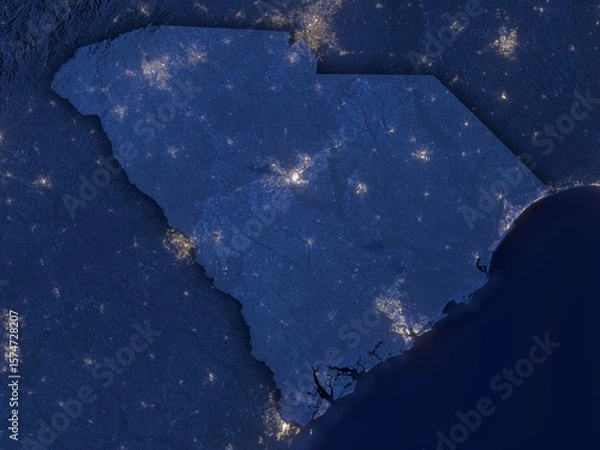 Fototapeta South Carolina as seen from space at night with visible state borders. Contains modified Copernicus Sentinel data 2025.