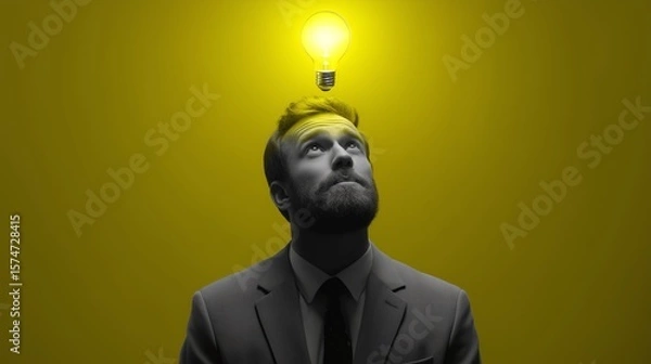 Obraz Professional Businessman in Suit Contemplating Breakthrough Idea with Glowing Lightbulb on Vibrant Yellow Background for Creativity, Innovation, Insight, and Genius Enlightenment in Corporate Vision