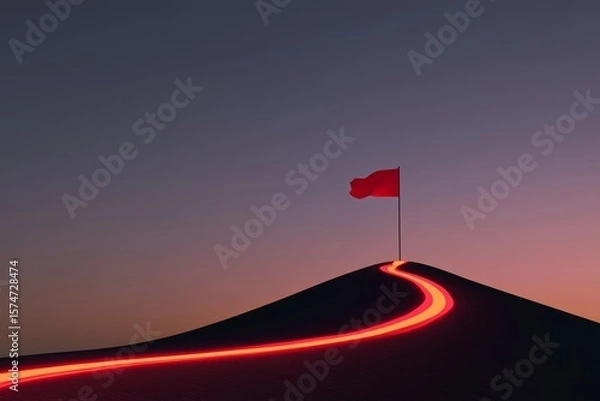 Obraz Vibrant Red Flag at Mountain Summit with Neon Glow at Dusk, Triumphant Achievement Symbol on Rugged Trail Peak, Successful Ascent Milestone in Scenic Evening Landscape, Inspiring Conquest Goal