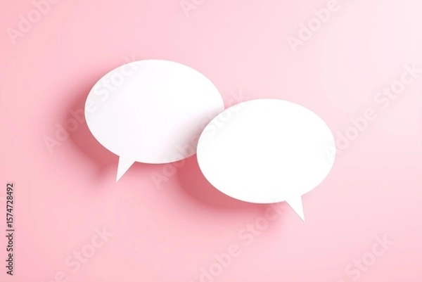 Obraz Blank Chat Dialogue Bubble and Pink Background with White Oval Shape for Speech Bubble Design and 3D Paper-Cutout with Pointer Tail for Social-Media Communication Tool and Dialogue-Box Symbol 