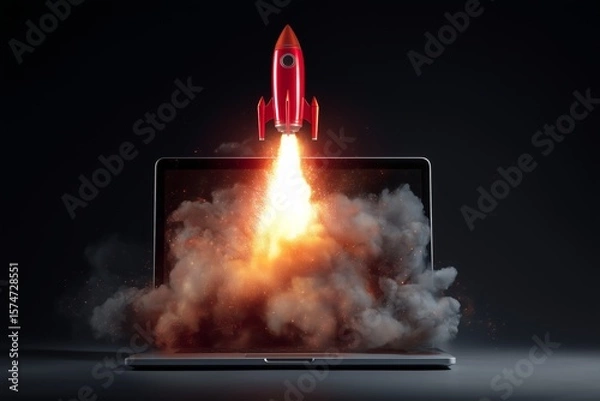 Obraz Strategic Rocket Launch Symbol on Laptop Screen for Business Growth, Innovative Corporate Takeoff in Digital Interface, Powerful Startup Success and Market Ascent, Dynamic Enterprise Expansion Concept