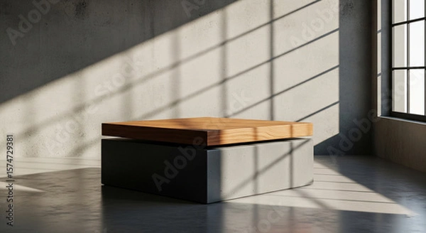 Fototapeta Photo of a modern wooden coffee table sits in a minimalist loft space, bathed in dramatic sunlight casting geometric shadows across the concrete floor and wall