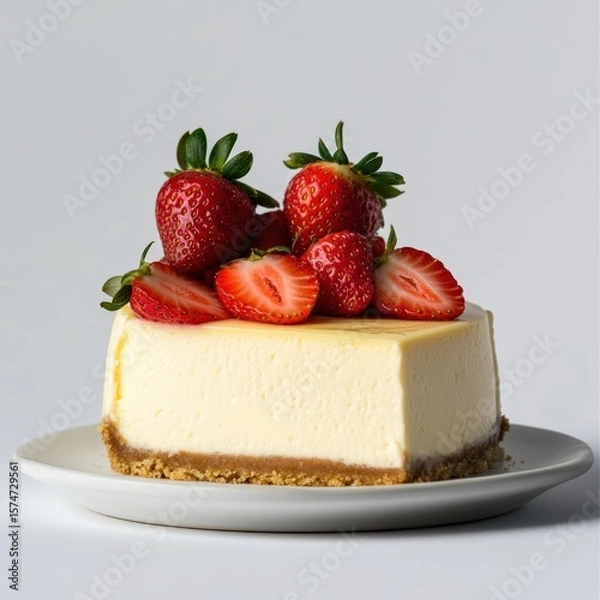 Obraz Creamy Cheesecake with Fresh Strawberries on White Plate