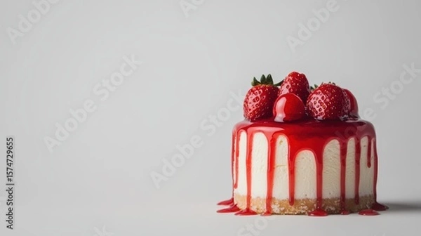 Obraz Fresh Strawberry Cheesecake with Red Sauce on Gray Background