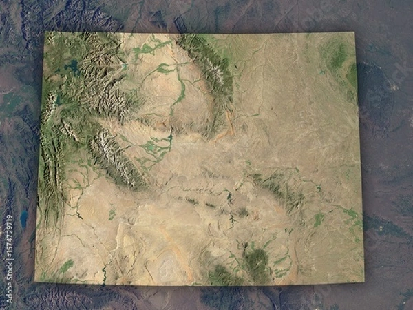 Fototapeta Very detailed night map of Wyoming with clear state borders and visible cities. Contains modified Copernicus Sentinel data 2025.