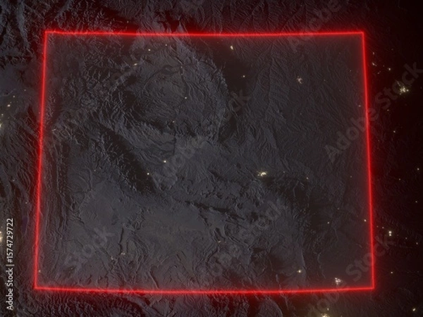 Fototapeta Night map of Wyoming with red state borders and glowing bright city lights. Contains modified Copernicus Sentinel data 2025.