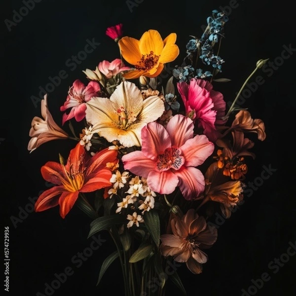 Obraz Vibrant and Colorful Floral Arrangement on Dark Background