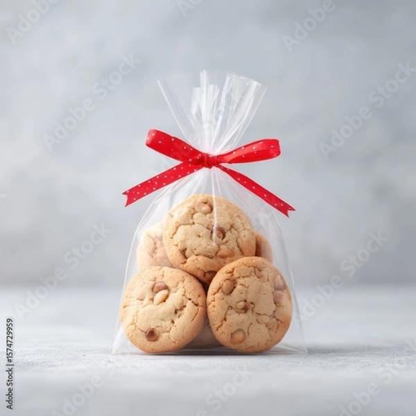 Obraz Freshly Baked Sweet Cookies in Decorative Plastic Bag with Ribbon