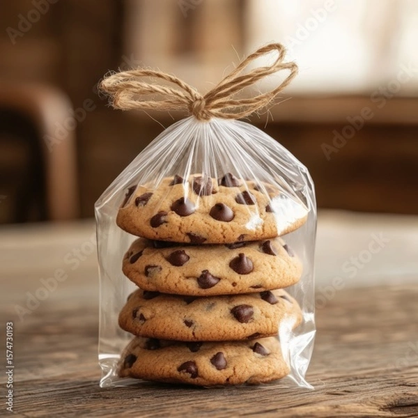 Obraz Freshly Baked Chocolate Chip Cookies in Clear Bag on Wooden Table