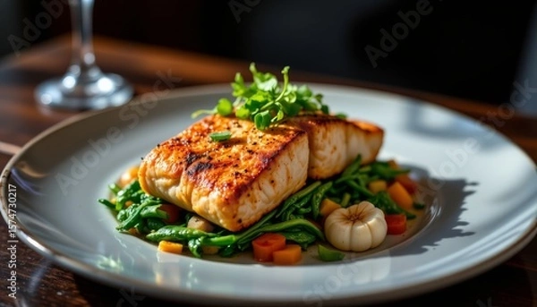 Obraz Pan Seared Fish Fillet with Saut ed Greens and Vegetables Panseared Seafood
