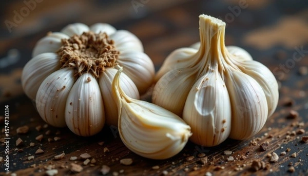 Obraz Two whole garlic bulbs and a single clove on a dark wooden surface Close up view of garlic