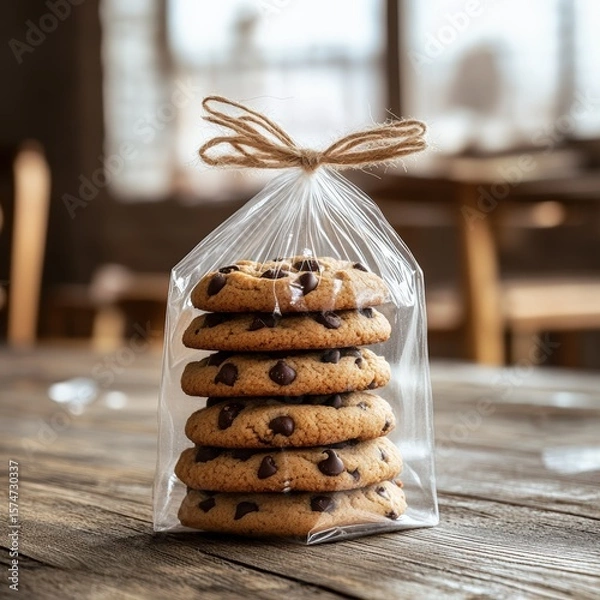 Obraz Freshly Baked Chocolate Chip Cookies in Clear Bag with Twine