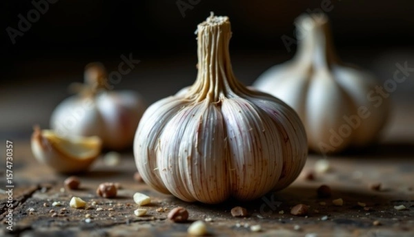 Obraz Close up of garlic bulbs and cloves on rustic wooden surface food ingredient