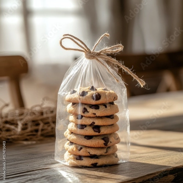 Obraz Freshly Baked Chocolate Chip Cookies in Clear Plastic Bag