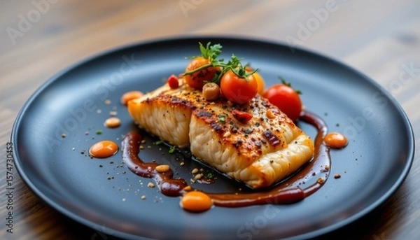 Obraz Grilled fish fillet with cherry tomatoes herbs and sauce on a black plate