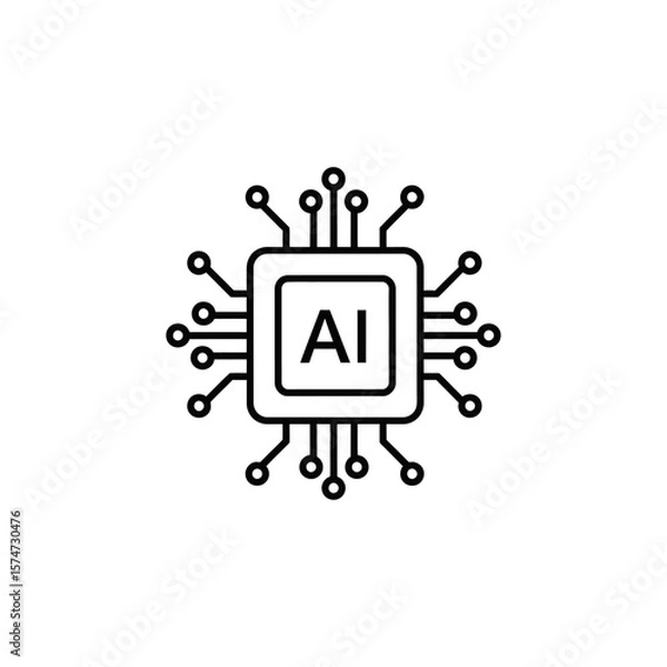 Fototapeta A simple line drawing of an artificial intelligence microchip on a white background in square format