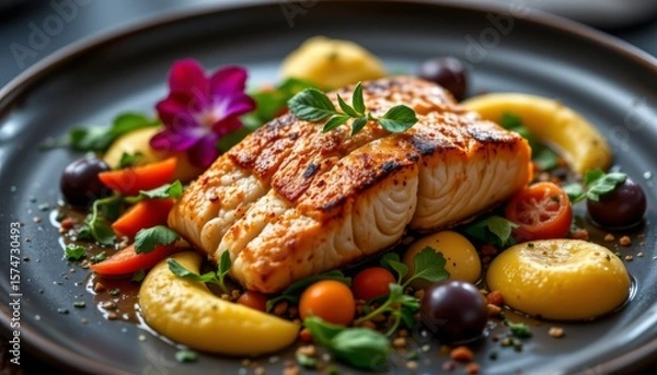 Obraz Pan Seared Fish Fillet with Mashed Potatoes Herbs and Roasted Vegetables