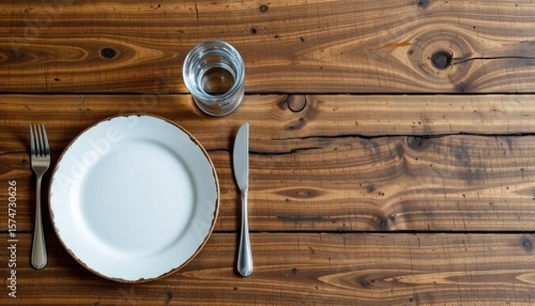 Obraz Rustic wooden table setting empty white plate fork knife and glass of water