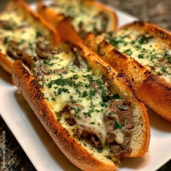 Obraz Savory Baked Sandwiches with Melted Cheese and Grilled Meat Topping
