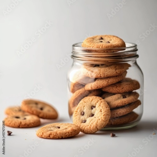 Obraz Freshly Baked Chocolate Chip Cookies in a Glass Jar with Spills