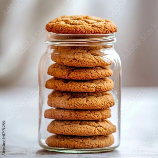 Obraz Freshly Baked Cookies Stacked in a Glass Jar on a Light Background