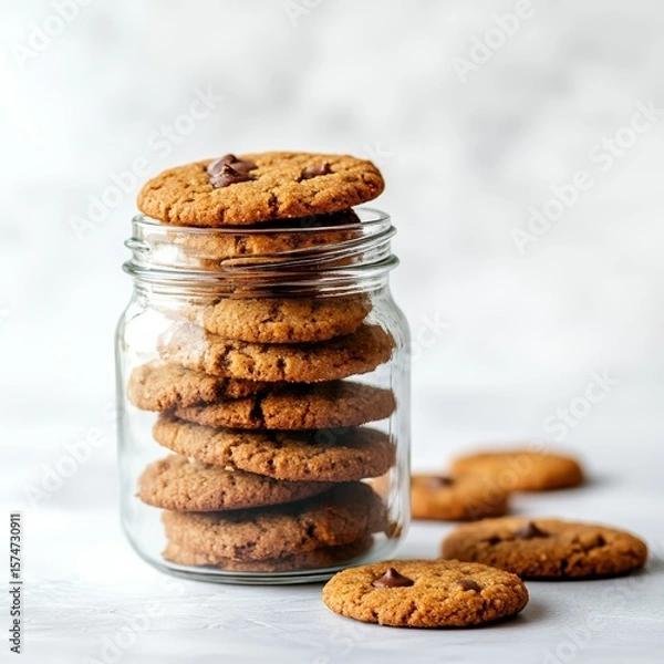 Obraz Freshly Baked Chocolate Chip Cookies in Glass Jar with Rustic Style