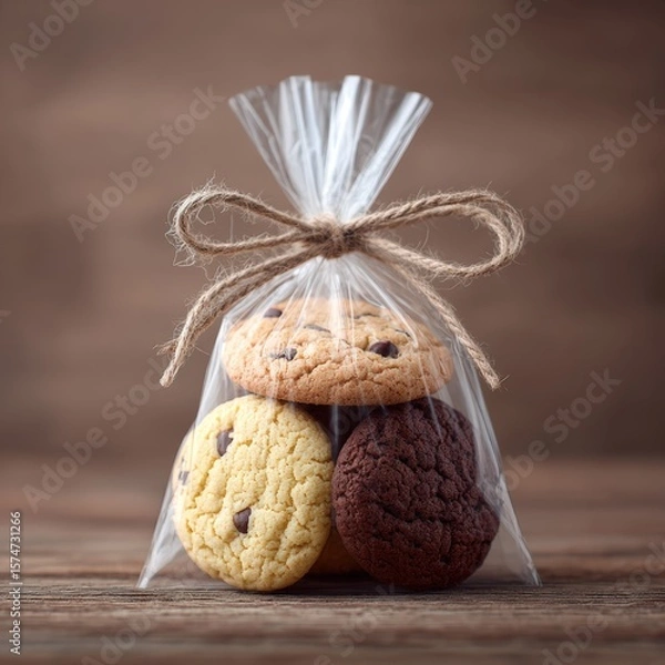 Obraz Assorted Homemade Cookies Wrapped in Clear Plastic Bag with Twine