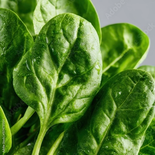 Obraz Fresh Raw Spinach Leaves Close-up on a Light Background