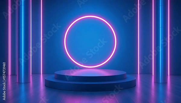 Fototapeta Futuristic Blue Neon Circle with Empty Podium for Product Display Mockup