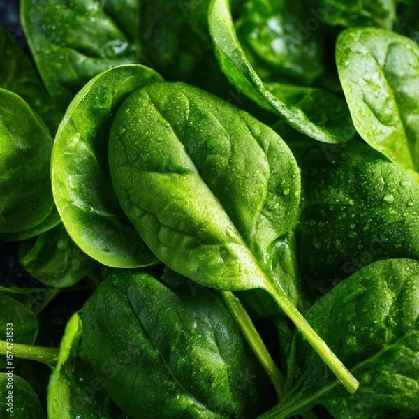 Obraz Fresh Spinach Leaves with Water Droplets on Dark Background