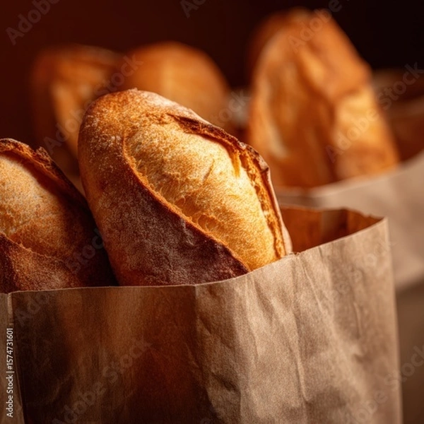 Obraz Freshly Baked Bread Rolls in Rustic Paper Bags on Dark Background