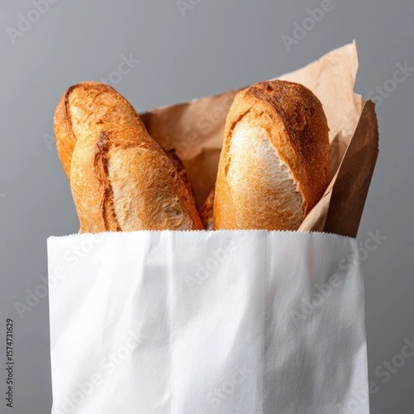 Obraz Freshly Baked Baguettes in White Paper Bag on Gray Background