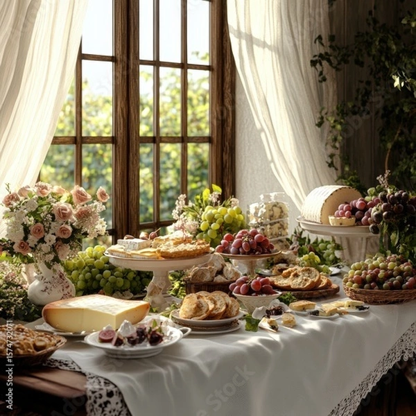 Obraz Elegant and Abundant Table Setting with Fresh Fruits and Pastries