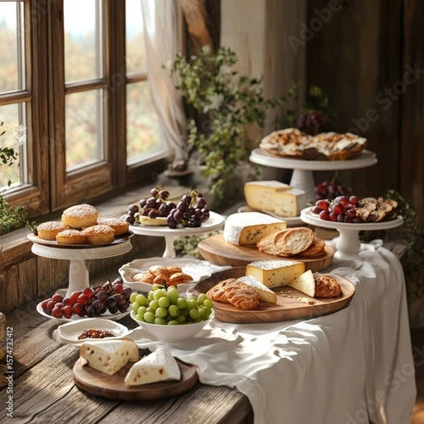 Obraz Rustic Cheese and Dessert Display with Natural Light and Fresh Fruits