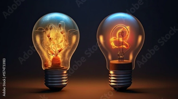 Obraz Two light bulbs with different internal designs glowing against a dark background in a studio setting