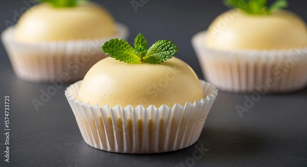 Fototapeta Photo of a closeup view of a delicate yellow mousse cake, topped with fresh mint leaves, presented in a white paper liner on a dark surface